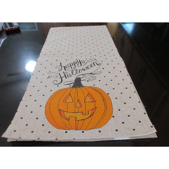 Midnight Market Happy Halloween Pumpkin Burlap Table Runner Primitive Distressed - Picture 6 of 7